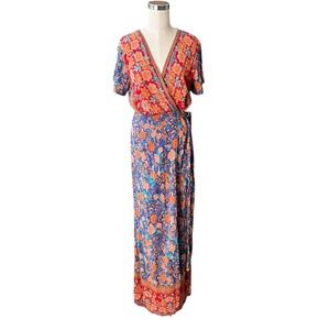 PRETTY‎ GARDEN Floral Wrap Maxi Dress Women's Size L Lightweight Flutter Sleeve